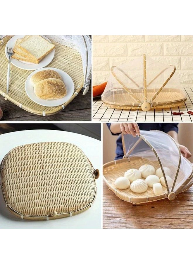 Circle Bamboo Food Storage Basket With Mesh Cover For Picnic Home Indoor Outdoor - Image 5